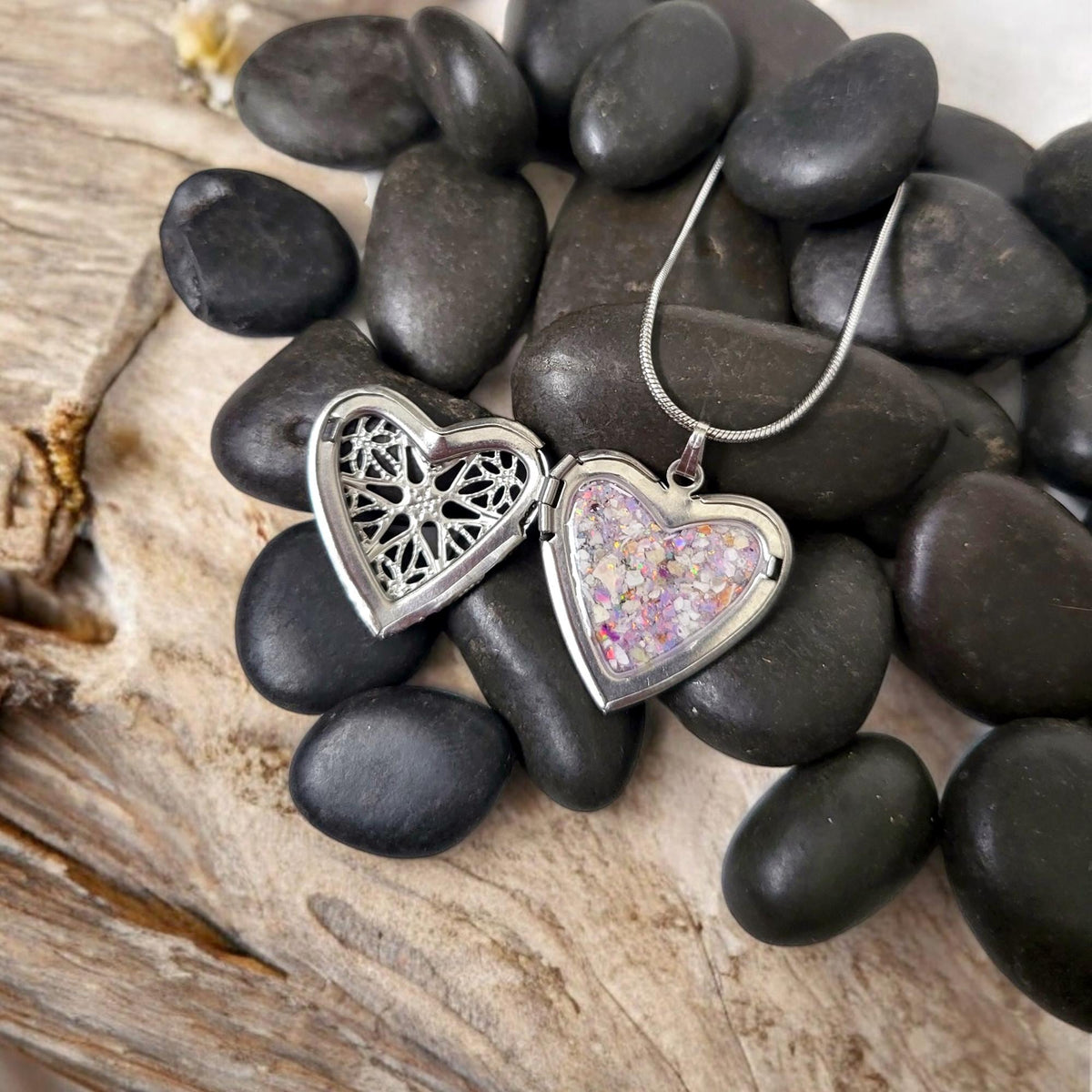 Filigree Heart Cremation Locket: Opal and Ashes Memorial Keepsake Necklace