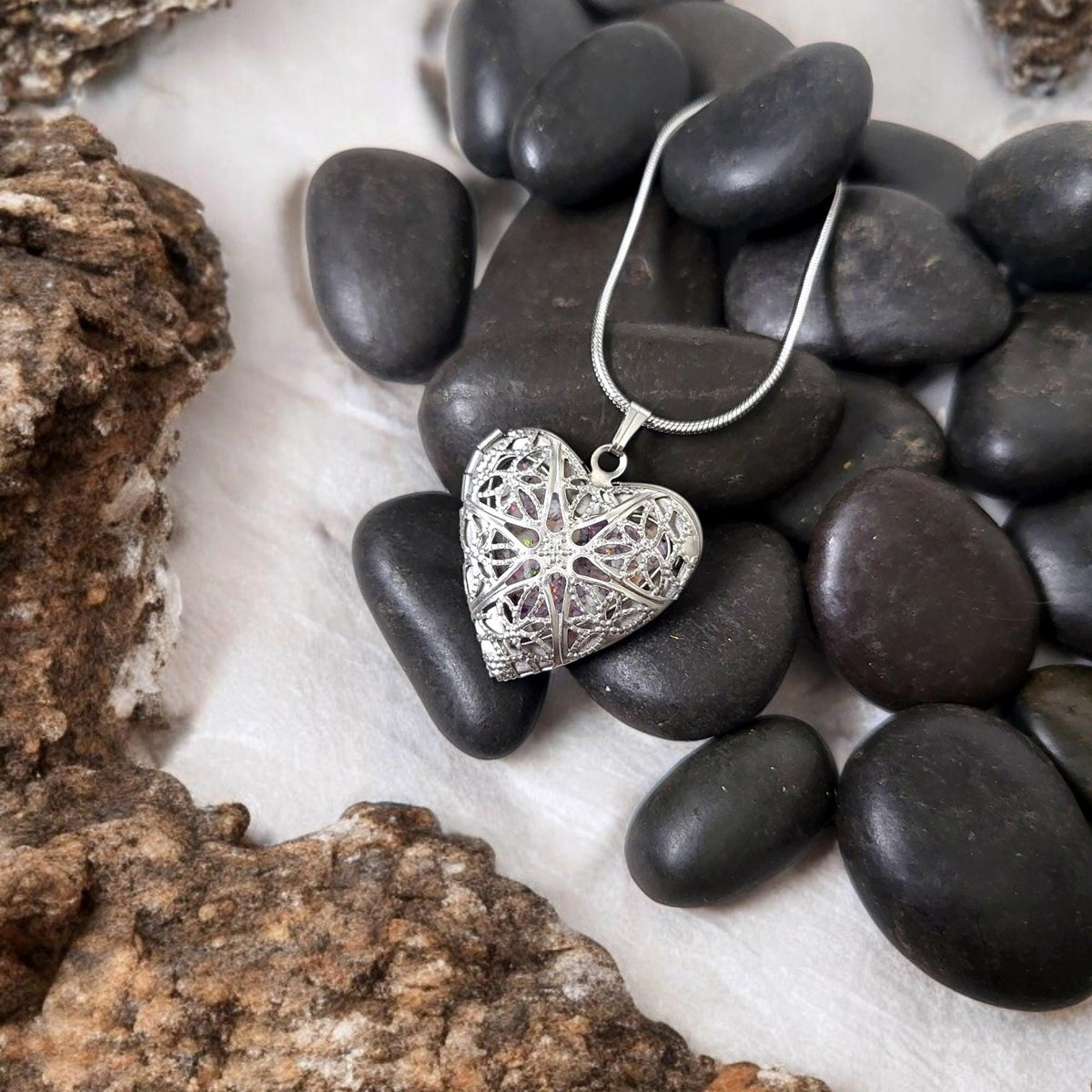 Filigree Heart Cremation Locket: Opal and Ashes Memorial Keepsake Necklace